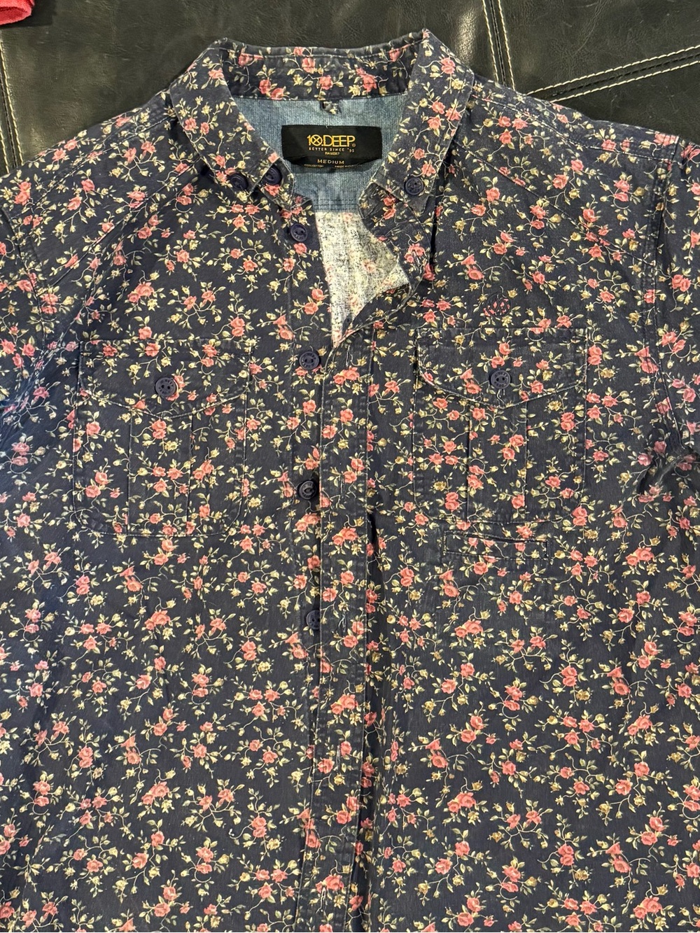 10.Deep Navy Floral Button-Down Shirt with Pink Accents